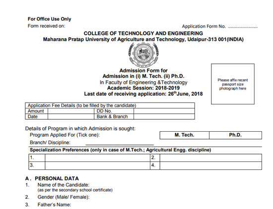 Application form -College of Technology and Engineering, [CTAE] Udaipur