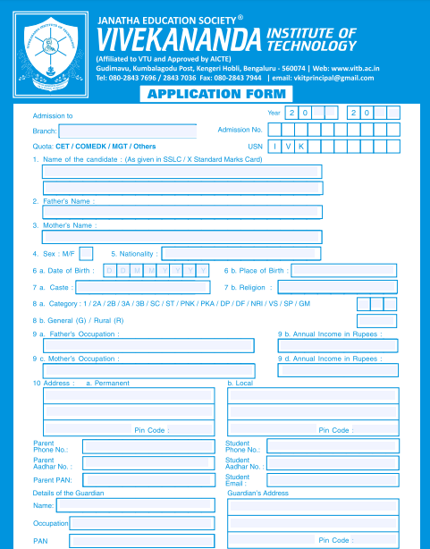 Application form - Vivekananda Institute of Technology, Bangalore 