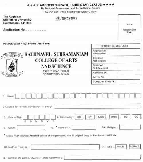 Application Form-RVS College of Arts and Science, Coimbatore
