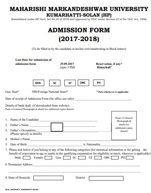 Application Form -  Maharishi Markandeshwar University, Solan