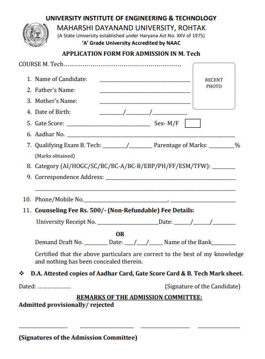 Application Form-University Institute of Engineering and Technology, Rohtak