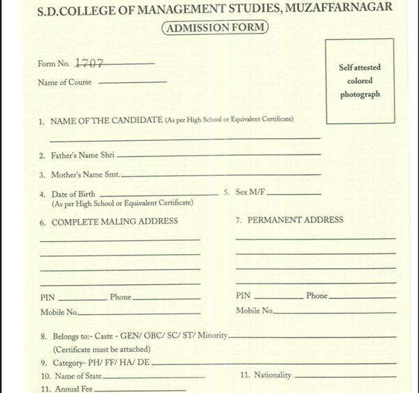 Admission form -SD College of Management Studies, Muzaffarnagar