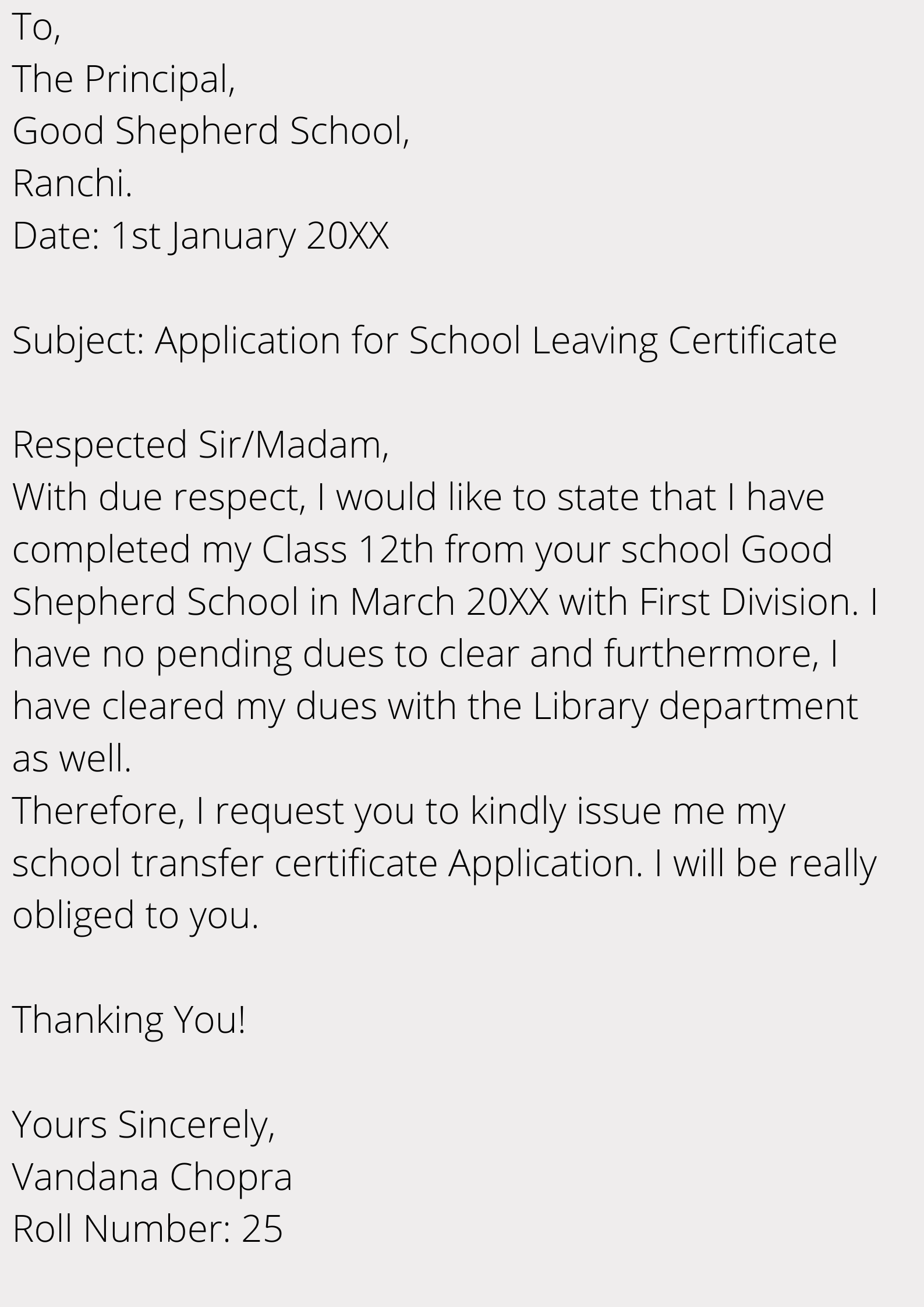 application letter to get transfer certificate