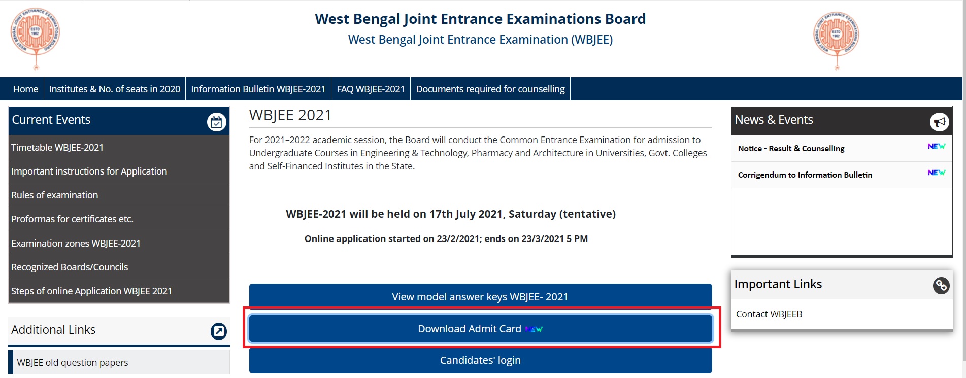 Download WBJEE admit card